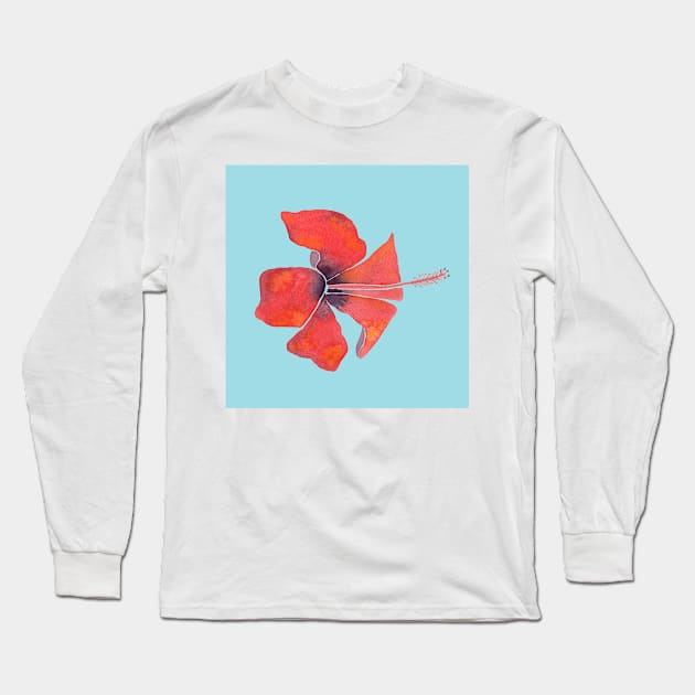 Red Hibiscus Tropical Watercolor Illustration with a blue background Long Sleeve T-Shirt by Sandraartist